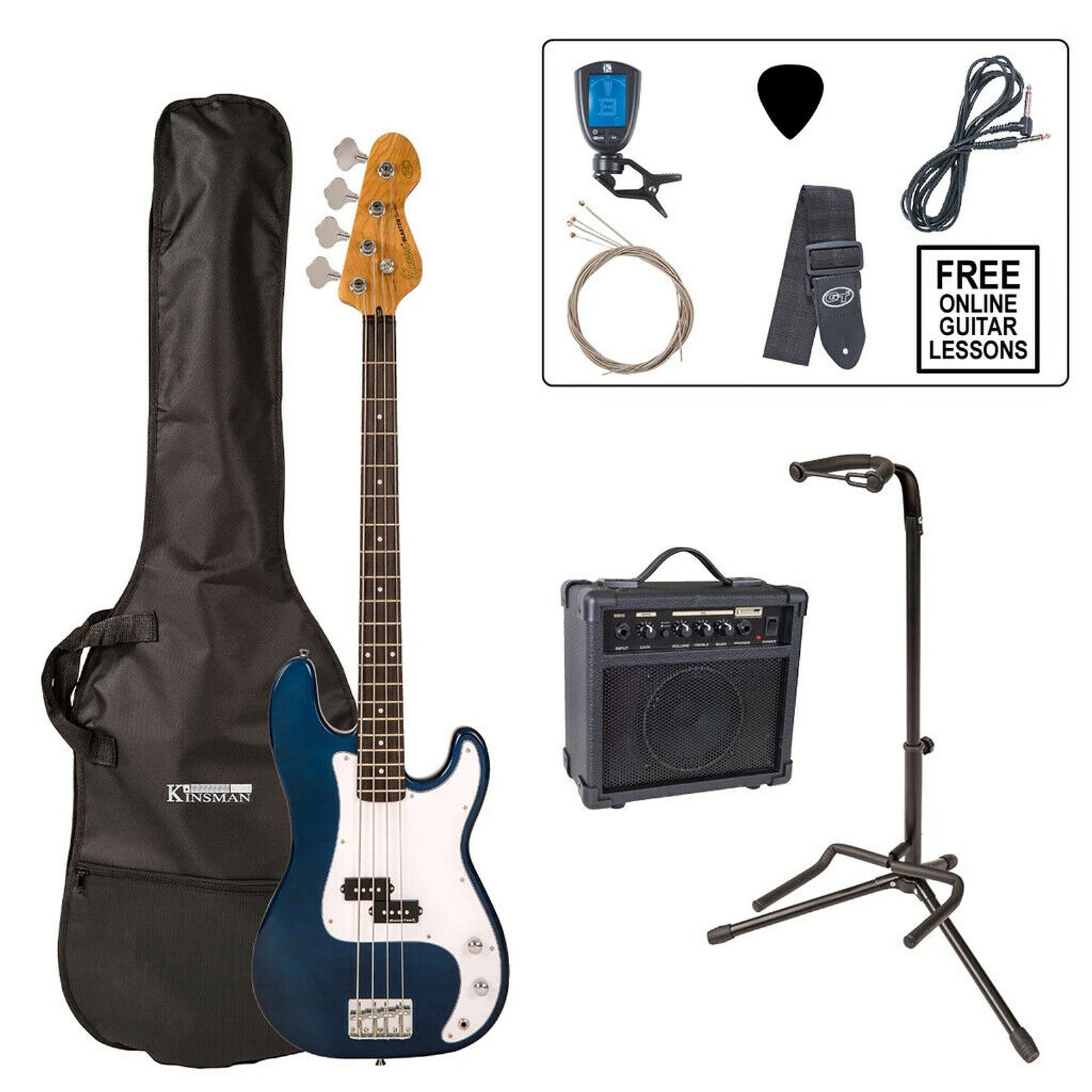 Encore E4 Electric Bass Guitar in Blue Starter Kit (Guitar, Amp, Gigbag)