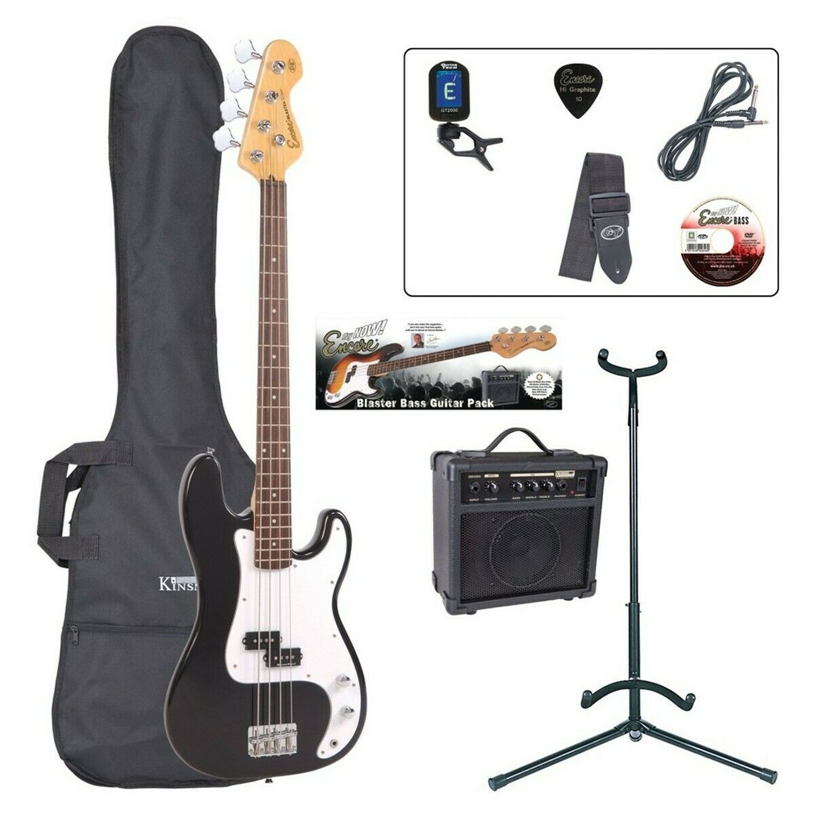 Encore E4 Electric Bass Guitar in Black Starter Kit (Guitar, Amp, Gigbag)